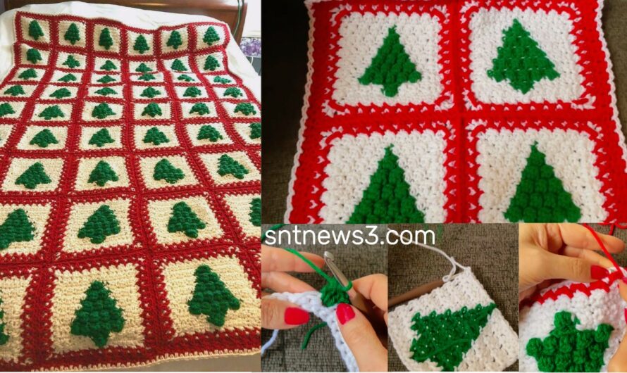 1980s Vintage Crochet Christmas Tree Throw Blanket